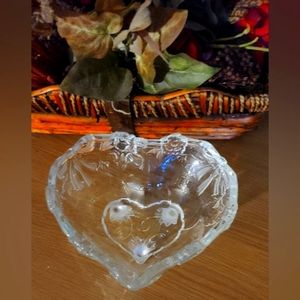 Vintage Heart Shaped Footed Crystal Bowl w/Embossed Flowers & Bows